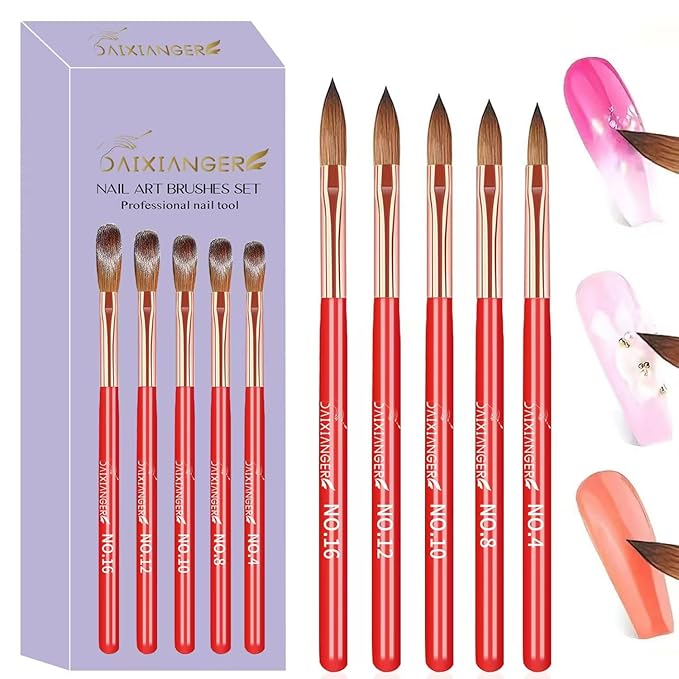 DAIXIANGER 5Pcs New Year Acrylic Nail Art Brush Set -Size 4/8/10/12/16, Red Handle Nail Brushes for Acrylic Application Powder & Nail Extension, 3D Nail Carving Tools for DIY Home Salon Manicure