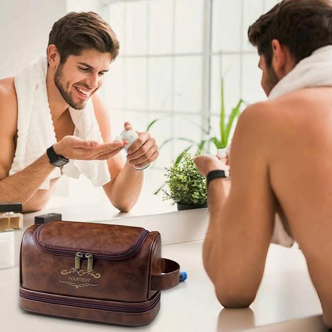 Sparklove Toiletry Bag for Men, Large Leather Shaving Kit, Travel Essentials, Gifts for Father, Dad, Boyfriend, Grandpa, Water-resistant Shaving Bag for Toiletries Accessories