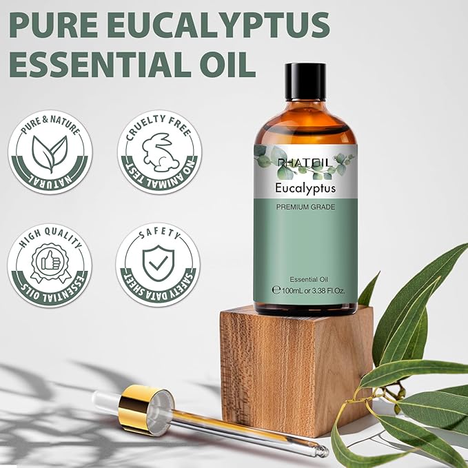 PHATOIL Pure Eucalyptus Essential Oil, 100% Pure Therapeutic Grade Premium Oil for Hair Care, Skin, Aromatherapy 3.38Fl Oz