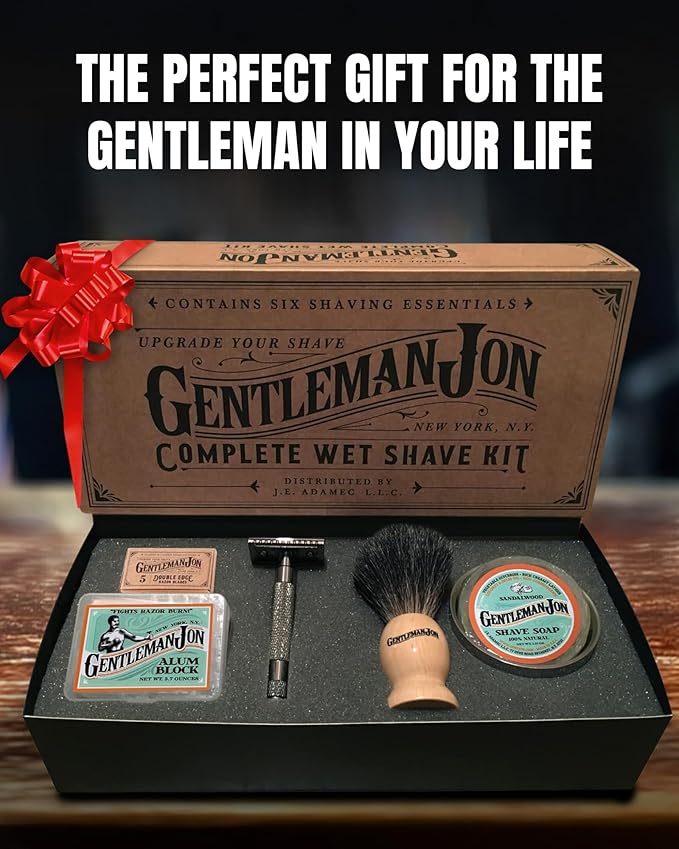 Gentleman Jon Safety Razor Shaving Kit - Vintage Wet Shave Grooming Set for Men, With Old Fashioned Razor, Badger Hair Shaving Brush, Alum Block, Shave Soap, Stainless Bowl & Double Edge Safety Blades