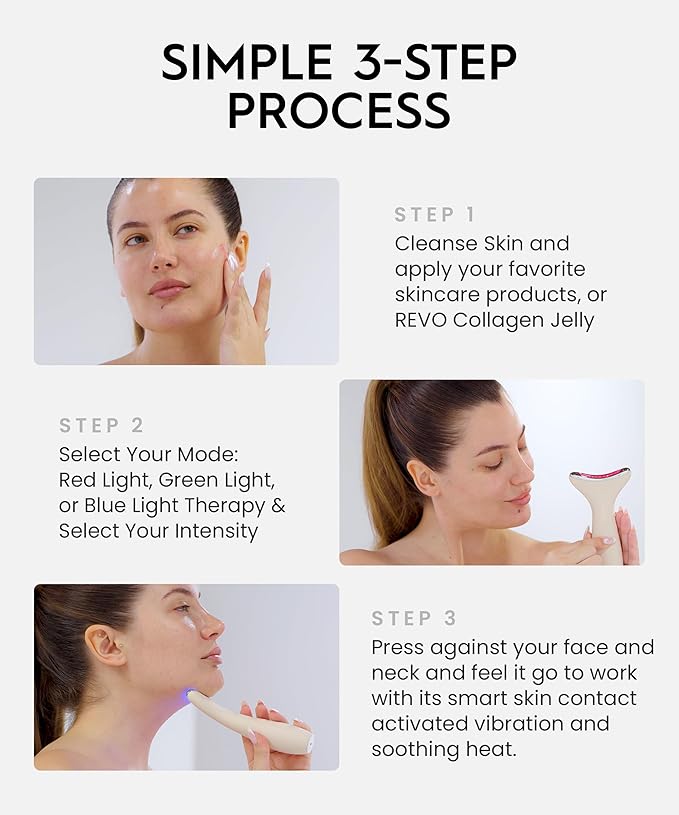 REVO Genie | 3-in-1 Face & Neck Beauty Massager with Heat, 3 Light Therapies, Smart Vibration | Red Light, Blue Light, Green Light Therapy for Wrinkles, Hyperpigmentation, Acne & More - Beige