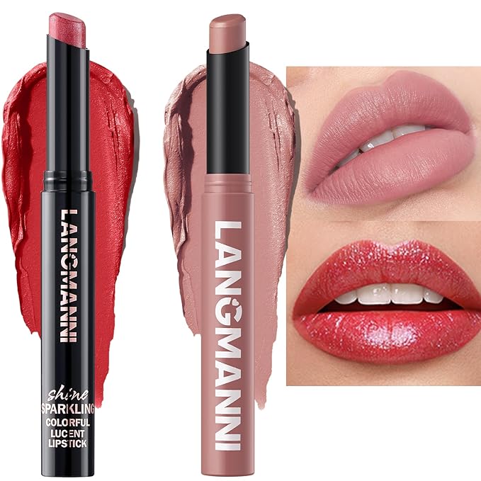 Jolilab 2Pcs Glitter Lip Kit - Velvet Matte & Nude Matte Lipstick + Glitter Lip Gloss/Glitter Lipstick High Pigmented Long-Lasting Waterproof Beauty Cosmetics Gift for Women Girls(#02+01)