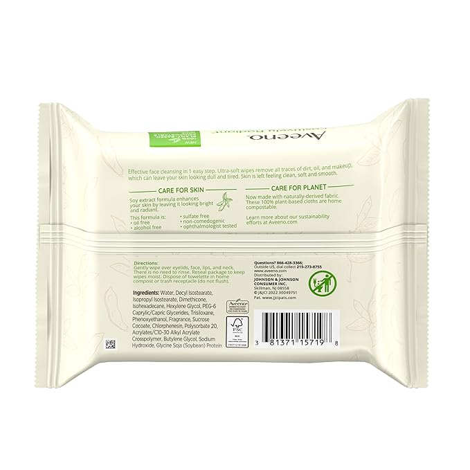 Aveeno Positively Radiant Makeup Remover Wipes, Gentle Individual Face Wipes with Moisture-rich Soy Extract to help leave your skin looking bright, Hypoallergenic Formula, Non-Comedogenic (Pack of 50)