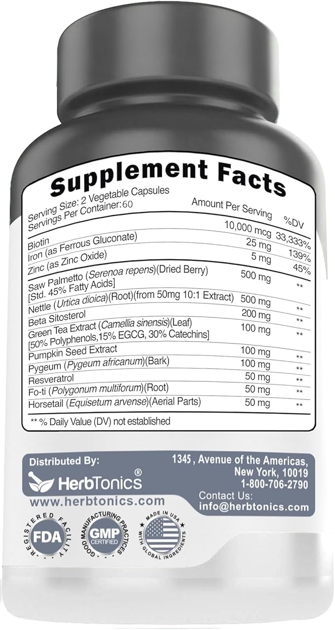 Hair Growth Vitamins for Women & Men | DHT Blocker with Saw Palmetto & 10000mcg Biotin, Foli Tonic Hair Growth Supplement – Supports Fuller, Thicker Hair Appearance, Non-GMO, 120 Vegan Capsules