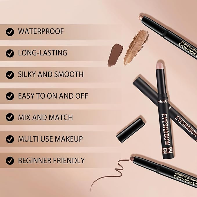 Matte Cream Eyeshadow Stick, Waterproof Eye Shadow Stick, Long-Lasting and Blendable High Pigmented Single Eyeliner Makeup for Women, 3 Desert