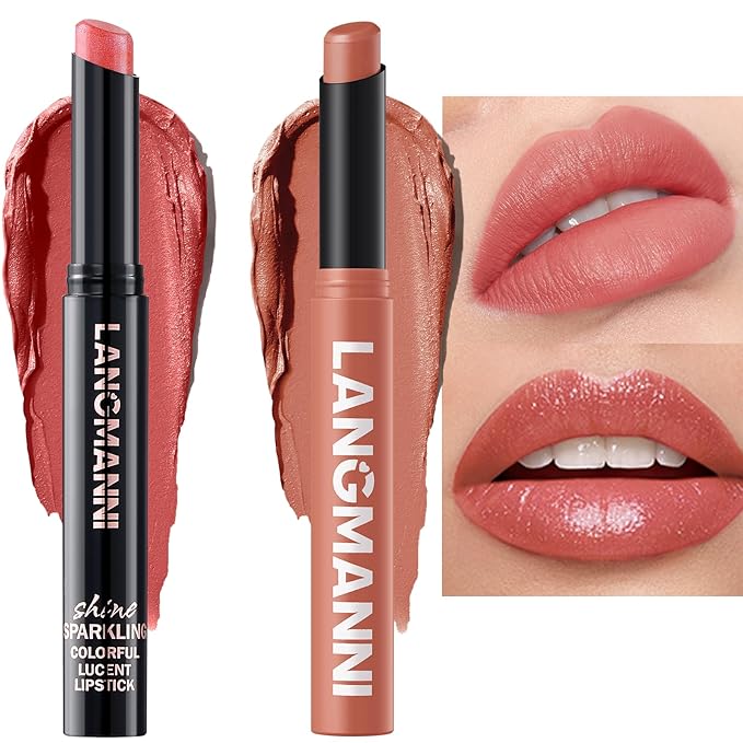 Jolilab 2Pcs Glitter Lip Kit - Velvet Matte & Nude Matte Lipstick + Glitter Lip Gloss/Glitter Lipstick High Pigmented Long-Lasting Waterproof Beauty Cosmetics Gift for Women Girls(#10+05)