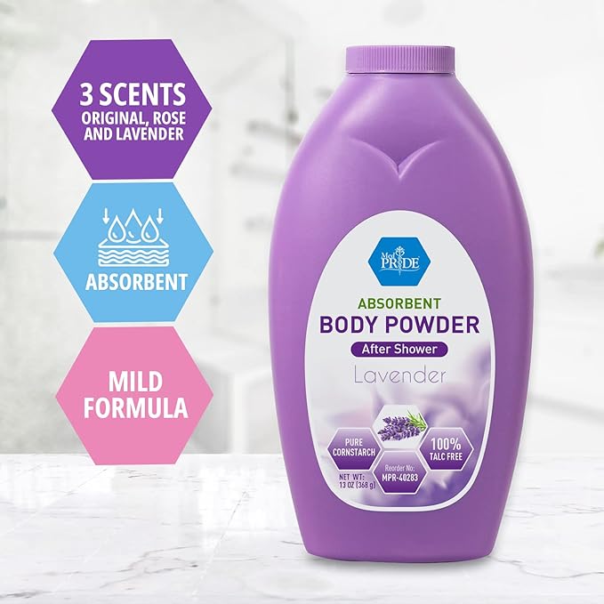 MED PRIDE Talc Free Cornstarch Body Powder with Lavender Scent, Moisture Absorbing Skin Care for Daily Freshness, Cruelty Free Formula, 13 Ounce Bottle