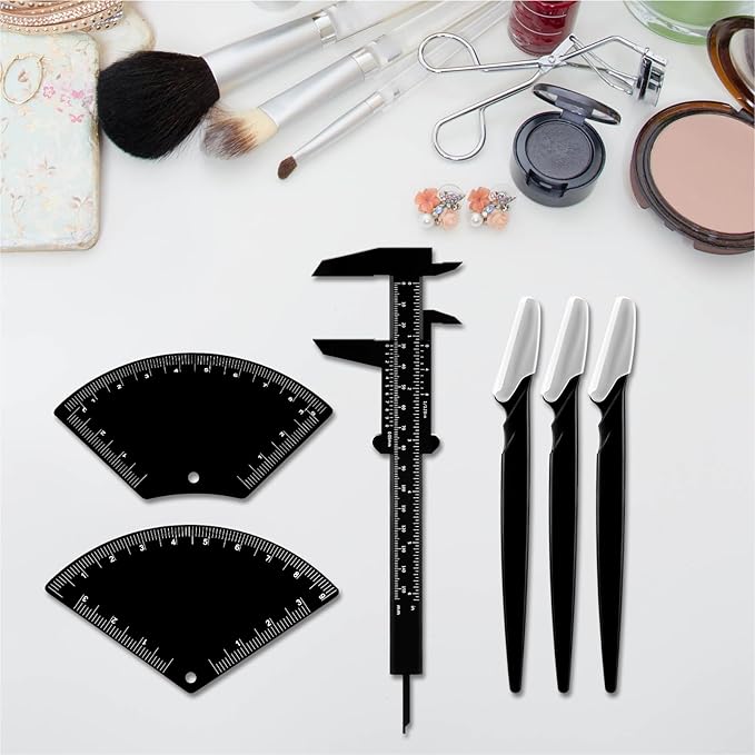 Relaxweex 6 Pieces Eyebrow Mapping Tool 2 Pcs Fast Drawing Eyebrow Design Ruler 1 Double Scale Vernier Caliper with 3 Eye brow Shaver for All Face Types Portable for Home & Salon Use