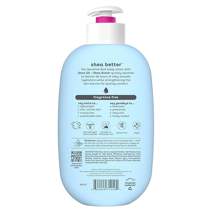 eos Shea Better Sensitive Skin Body Lotion, 48-Hour Moisture Skin Care, For Dry Skin, Fragrance Free Body Lotion, Eczema Lotion, Vegan, 16 fl oz (Packaging may vary)