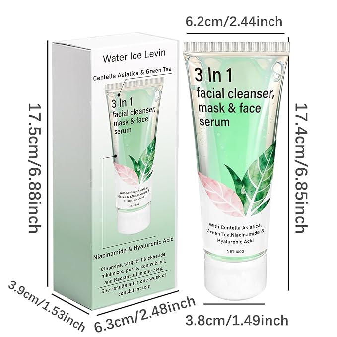 Water Ice Levin Green Tea Mask Cleanser, 3-in-1 Facial Wash, Gentle Pore Care Mask, Firm and Hydrating Foaming Facial Cleanser, Centella Asiatica for Acne-Prone & Sensitive Skin, Korean Skincare