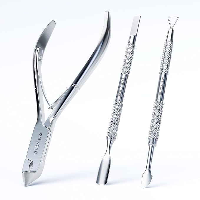 Suvorna Cuticle Nippers with Cuticle Pusher, Nail Scraper and Gel Remover โ Professional Stainless Steel Cuticle Trimmer Set for Manicure - Cuticle Set for Fingernails and Dead Skin (Silver, 3 PCS)
