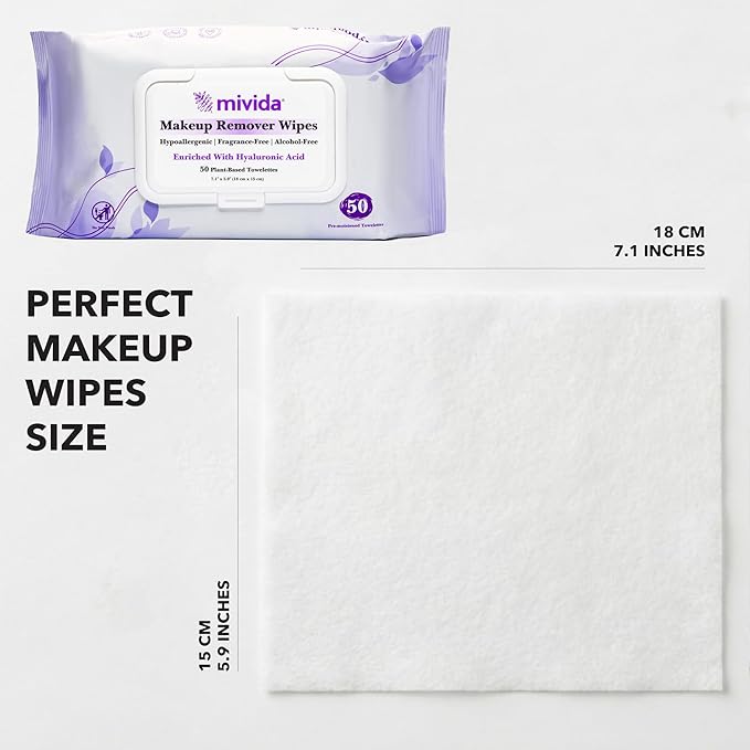mivida Hypoallergenic Makeup Remover Wipes with Hyaluronic Acid, Fragrance Free Makeup Wipes for Sensitive Skin, Plant-Based, Alcohol Free, Convenient Twin Pack - 2x50 Count