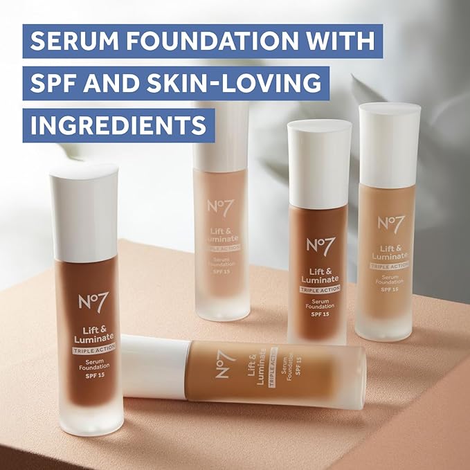 No7 Lift & Luminate Triple Action Serum Foundation - Liquid Makeup with SPF 15 for a Dewy, Glowy Base - Radiant Formula for Mature Skin - Cool Ivory (1 Fl Oz)