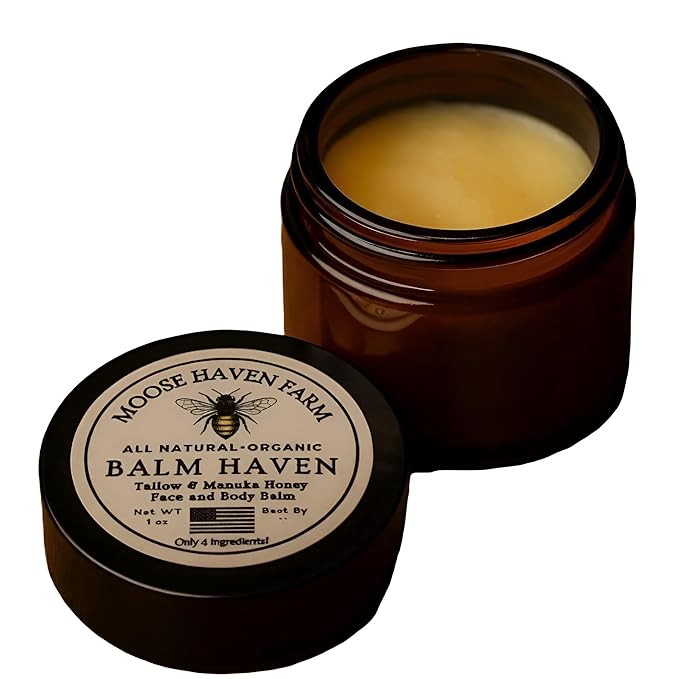 Balm Haven - 100% Grass Fed Tallow and Manuka Honey Balm - Natural Moisturizer for Face, Body & Hands - Deep Hydration & Smooth Texture - Handmade in Small Batches | 1 oz