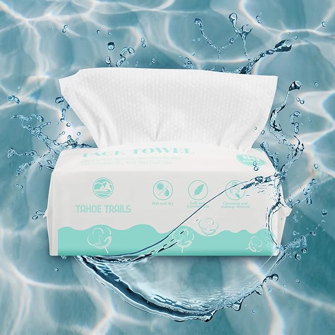 Tahoe Trails Disposable Face Towel, Soft Dry Wipe, Lint Free, Dry Wet Use for Sensitive Skin, Cotton Facial Tissue, Makeup Removing, Surface Cleaning 7.87 * 7.87inch, 80Count