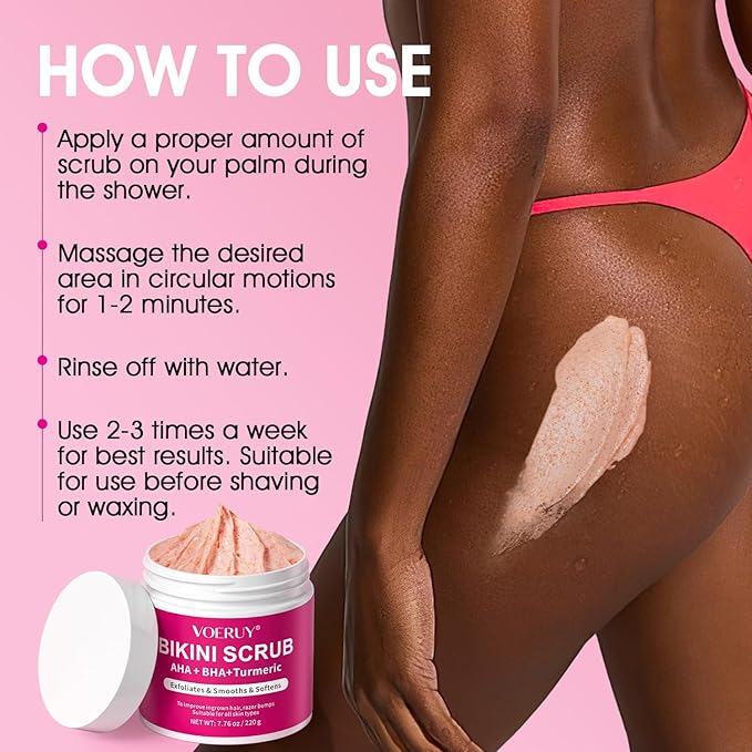 Bikini Area Exfoliator with 10% AHA+BHA & Turmeric, Ingrown Hair & Razor Bumps for Bikini Underarm Area, Skin Moisturizing, Smoothing, Even Skin Tone Exfoliating Body Scrub with Walnut Shell Powder