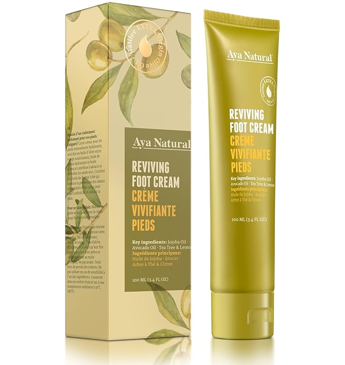 Natural Foot Cream with Olive, Jojoba & Avocado Oils - Moisturizes and Refreshes Dry Feet - Fast-Absorbing, Non-Greasy Formula with Tea Tree & Lemon - 100ml / 3.4 fl oz