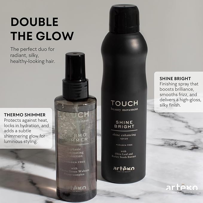 Artègo TOUCH Thermo Shimmer Spray (5.1 oz) – Biphasic Heat Protection & Shine Spray for Smooth, Glossy, Frizz-Free Hair