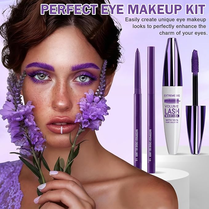 Purple Mascara and Eyeliner Set 5D Coloured Mascara for Eyelashed, Volumizing Curling Defining Eye Lashes, Long-Lasting Waterproof Purple Makeup