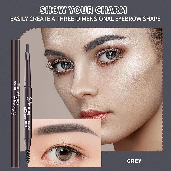 Berinist 12pcs Grey Waterproof Eye Brow Pencils for Women, Retractable Dual-End Eyebrow Pencil with Brush, Triangular Tip Design, Easier to Define and Fill in Eyebrows for Natural Brow Shape