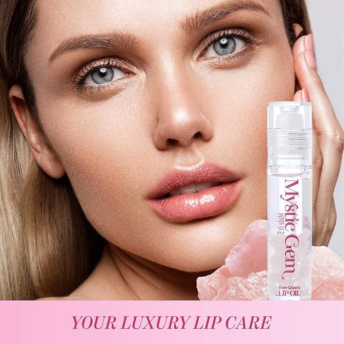 The Beauty Spy Mystic Gemstone Lip Oil, Moisturizing & Hydrating Lip Gloss - Non Sticky, Plumping Lip Oil for Dry Lips (Pink Quartz)