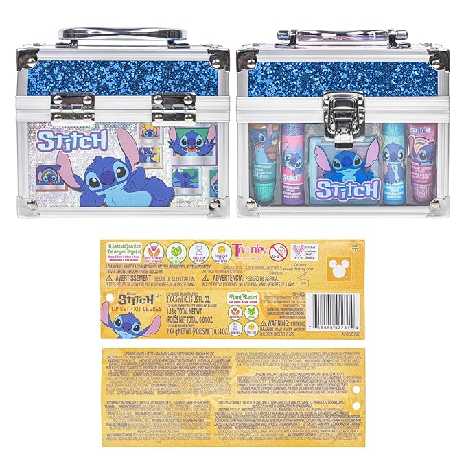 Disney Stitch Beauty Mini Train Case Set Includes Lip Gloss Tube, Lip Balm, Lip Gloss Compact for Girls Parties, Sleepovers by Townley Girl