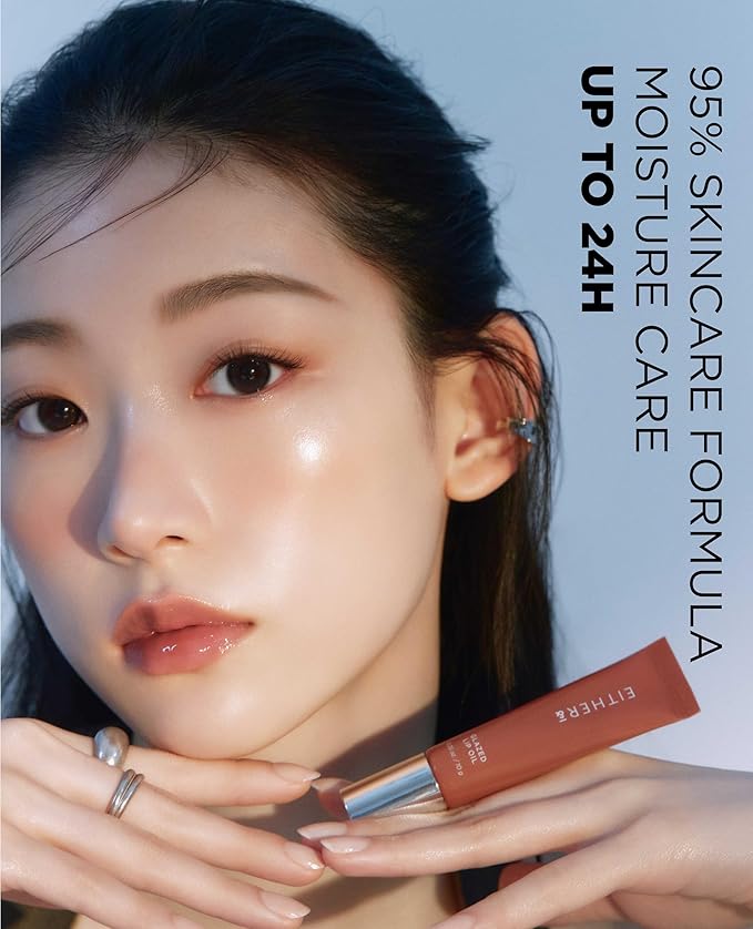 EITHER& Glazed Lip Oil – Non-Sticky Tinted Lip Balm with Peptides for Hydration & Glossy Finish, High-Gloss Moisturizing Lip Care for Dry Lips, 02 Bonny (10g)
