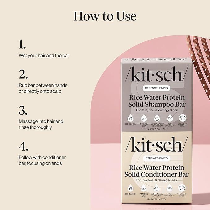 Kitsch Rice Water Protein Solid Shampoo and Conditioner Set for Hair Growth – Strengthening Hair Care Duo w/Rice Protein & Vitamins for Damage Repair – Paraben, Sulfate & Silicone Free, Made in USA