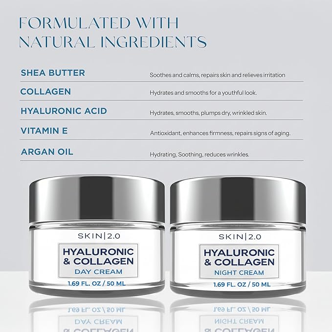 Skin 2.0 Hyaluronic Acid & Collagen Face Moisturizer – Deep Hydration & Firming Cream for Smooth, Youthful Look – Dermatologist Tested, Korean Skin Care Set, Vegan, Clean Beauty – Day & Night Duo