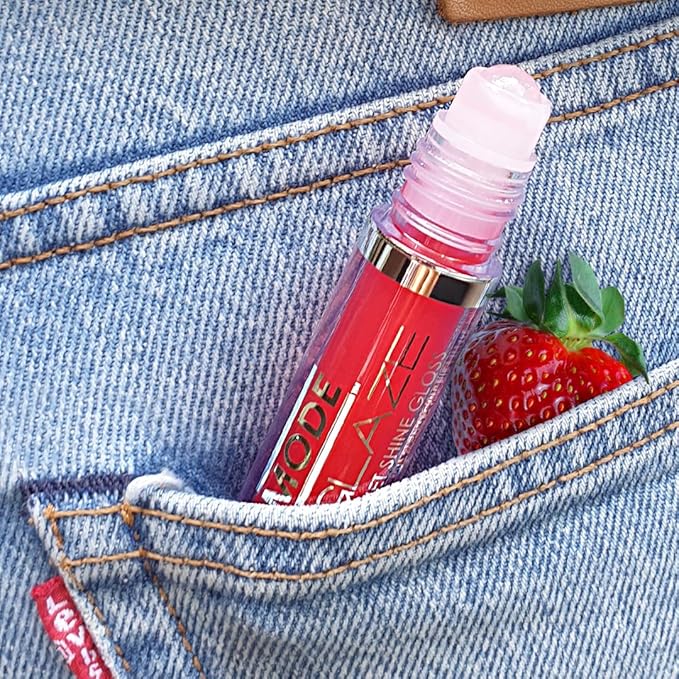 MODE Lip Glaze Flavored Lip Gloss STRAWBERRY Delicious Yummy Flavor, Roll On Sweet Wet Nourishing Shine, Hydrating Moisturizing Natural Skincare Fruit Oils, Made in NY USA