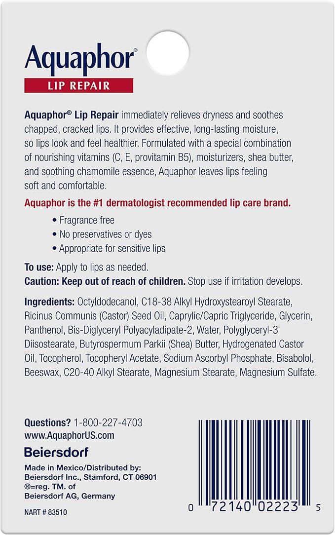 Aquaphor Lip Repair Ointment, Moisturizing Lip Balm Pack, Relieves Dryness, 0.35 Tube, Pack of 2