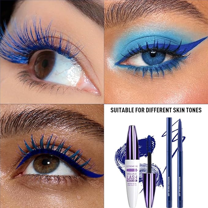 Blue Mascara Eyeliner Pencil Set, 5D Colored Mascara Volume Length Smudge-Proof Smooth Shine Gel Eye Liner Pen Waterproof Natural Curling for Eyelashes Makeup for Women