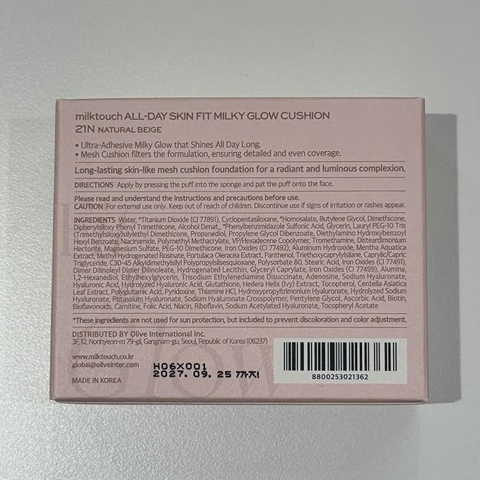 milktouch Cushion Foundation, 24H Flawless Skin, Radiant Shine, No Oxidation, Long-Lasting, Non-Creasing, 60% Hydrating Skincare Infused Korean, Stocking Stuffers, Christmas Gifts (21N Natural Beige)