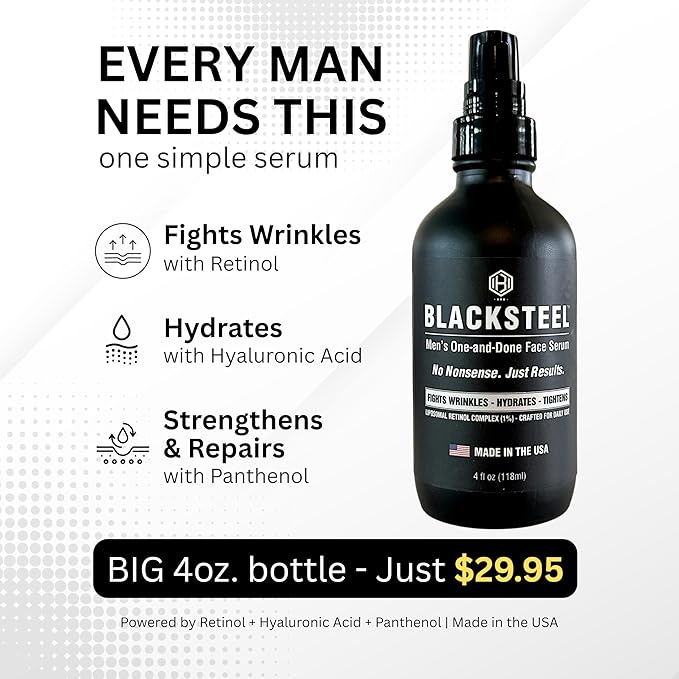 BLACKSTEEL Men's Anti-Aging Face Serum with Retinol & Hyaluronic Acid | One-Step Daily Wrinkle, Hydration & Firming Solution | Fast-Absorbing, Non-Greasy Skincare Made in USA | 4 oz Single Bottle