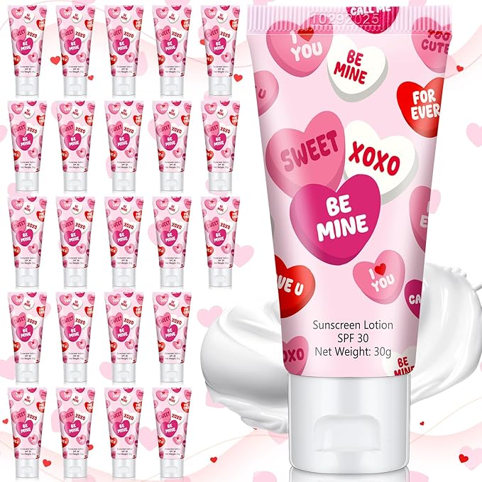 24 Pcs Mini Sunscreen Bulk for Valentine's Day Party Spf 30 Water Resistant Sunscreen Lotion Bulk 1oz Travel Size for Thank You Gifts Valentines Party Supplies