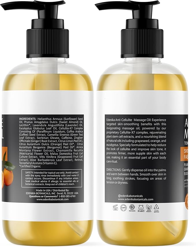 Natural Anti-Cellulite Massage Oil with Grapefruit Oil, Caffeine & Retinol, Firming Body Oil for Cellulite on Legs, Thighs & Butt, Helps Tighten, Smooth & Hydrate Skin, 8 fl oz