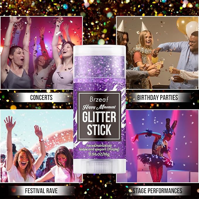 Brzeaf Purple Glitter Stick for Makeup, Not Greasy & Shimmery & Long Lasting, Chunky Glitter for Face/Body/Hair/Eyes, Singer Concert Music Christmas Rave Festival, Glitter Stick Makeup for Women Men