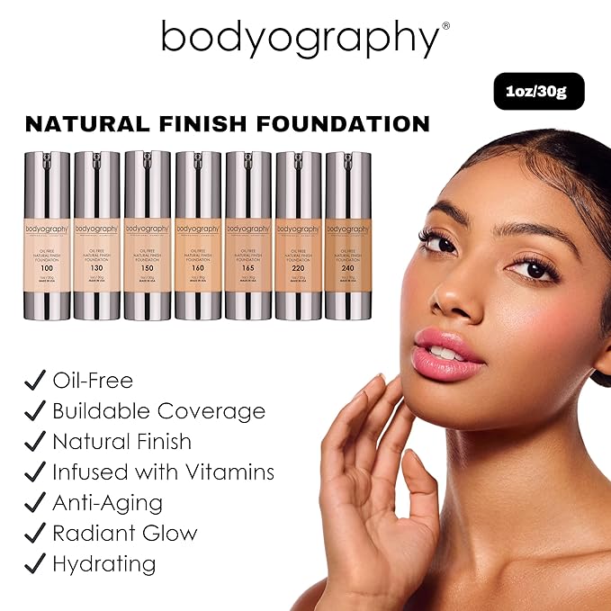 Bodyography Natural Finish Foundation (Dark/Warm #240) | Oil-Free, Anti-Aging Salon Foundation with Vitamin E & C | Photo-Ready, Skin-Perfecting Coverage | Vegan, Gluten-Free, Paraben-Free