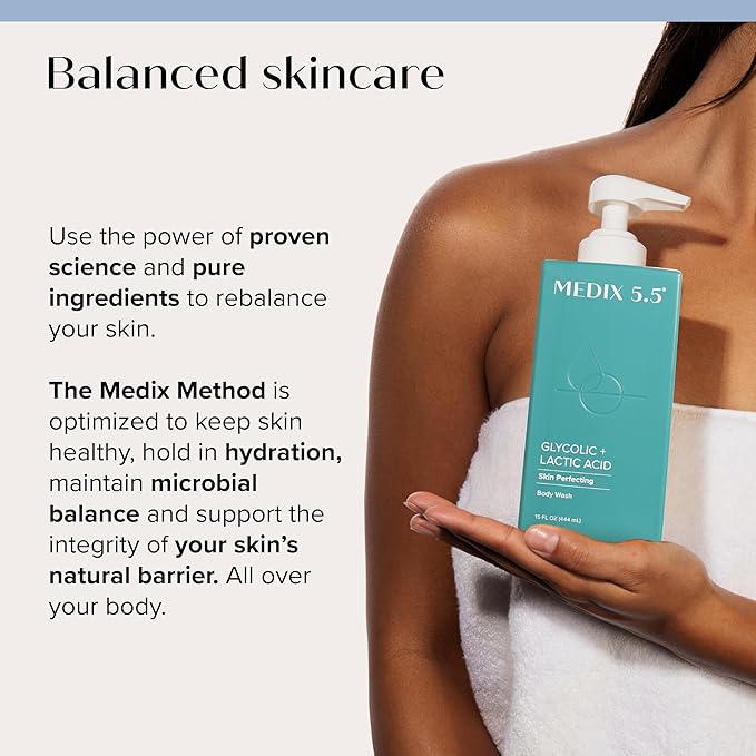 MEDIX Glycolic Acid + Lactic Acid Body Wash & Vitamin C Body Wash 2PC Skincare Bundle | Exfoliating Face Cleanser For Women, Keratosis Pilaris, & Acne + Radiant Glow Vitamin C Cleanser, 2PC Set