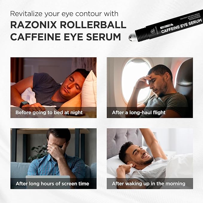RAZONIX Eye Bags Treatment for Men: Caffeine Eye Roller for Puffy Eyes and Puffiness – Under Eye Cream for Dark Circles (Medium, Unscented)