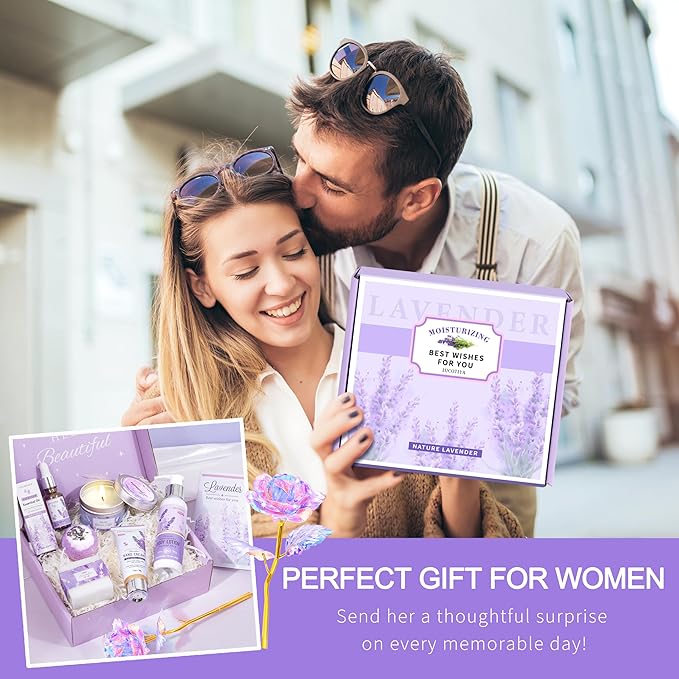 Lavender Spa Bath and Body Gift Set - Relaxing Self Care Baskets for Women - Birthday Gifts for Her, Sister, Mom, Wife