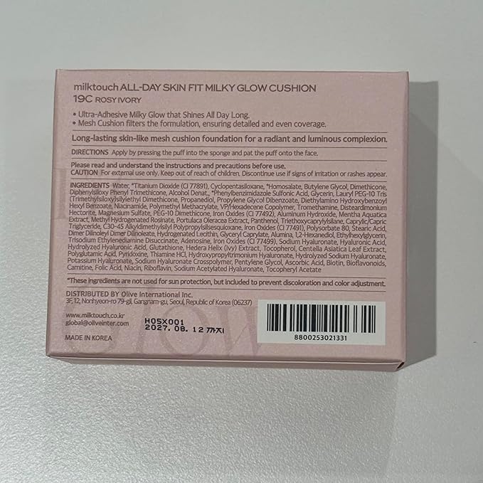 milktouch Cushion Foundation, 24H Flawless Skin, Radiant Shine, No Oxidation, Long-Lasting, Non-Creasing, 60% Hydrating Skincare Infused Korean, Stocking Stuffers, Christmas Gifts (19C Rosy Ivory)