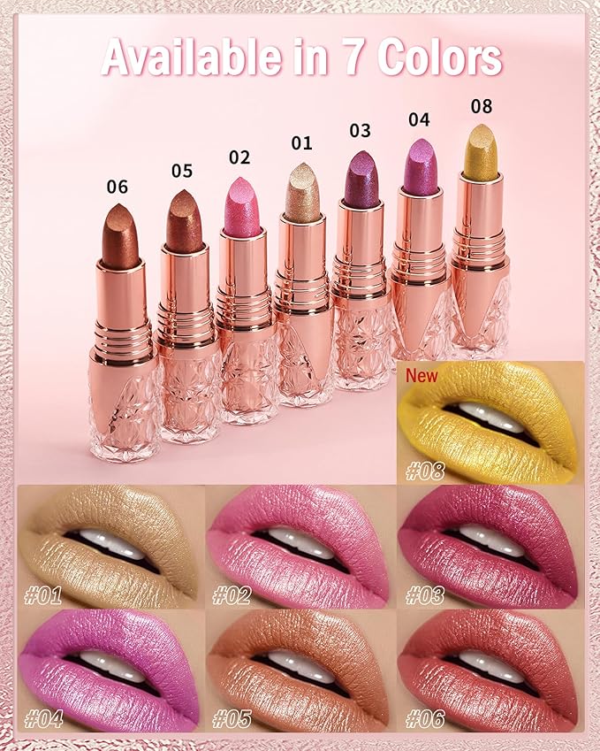 Glitter Metallic Shimmer Coral Nude Pink Lipstick Long Lasting,Diamond High Pigmented Red Metallic Matte Liquid Lipstick Non-stick Lip Gloss,Transferproof Lip Color Lip Stick Makeup for Women-02