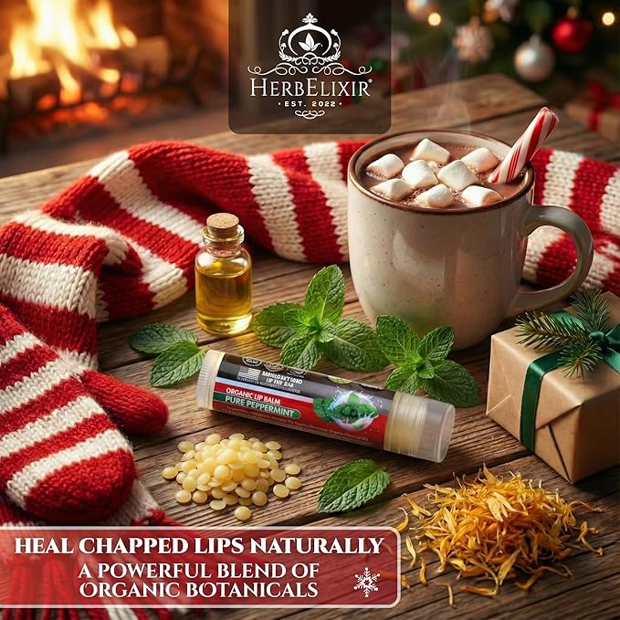 Organic Peppermint Lip Balm 3 Pack | Candy Cane Stocking Stuffer | Repairing, Nourishing & Hydrating Therapy for Dry Lips | Natural Care Gift for Men & Women