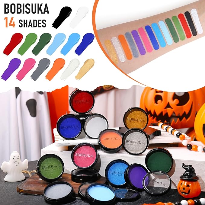BOBISUKA Grey Face Body Paint, Water-Based Face Painting Kit & Body Paints, Kids Adults Facepaint for Halloween Zombie Grayscale Homestuck Raven Goth Makeup, Costume Cosplay Party Theater & Stage
