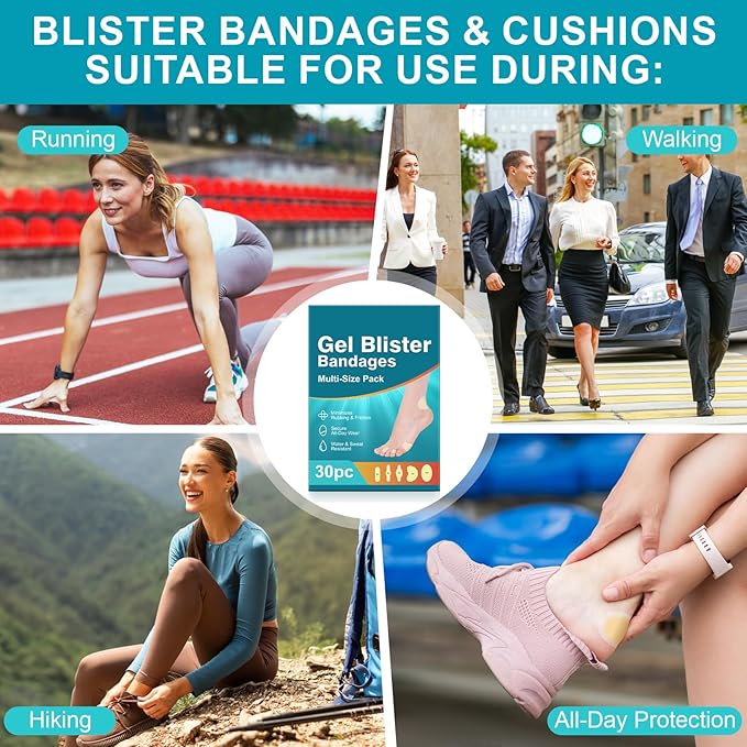 30PCS Hydrocolloid Gel Blister Bandages Pads, Multi-Size Waterproof Adhesive Blister Bandages, Waterproof Blisters Pads & Blisters Cushions for Heel, Toe & Foot
