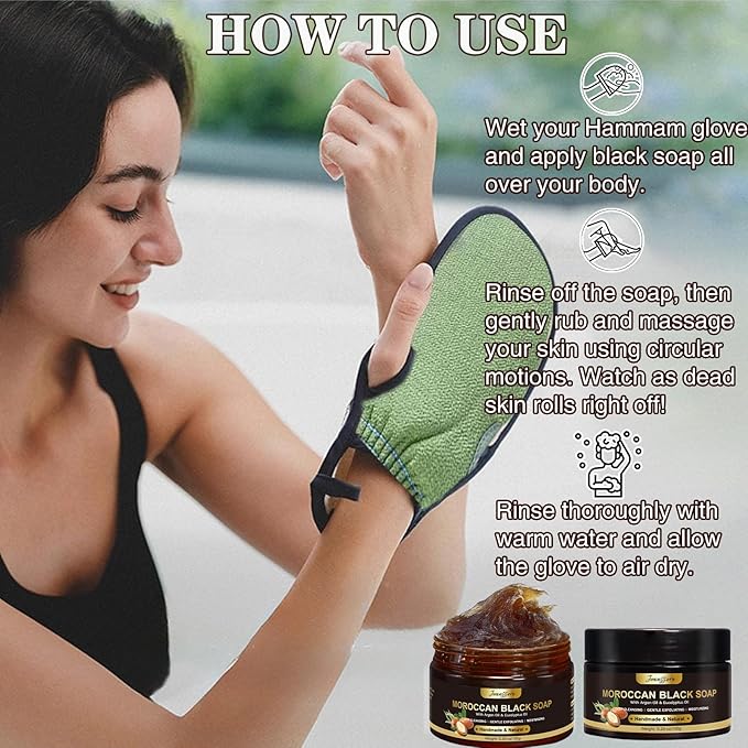 2 Pack Moroccan Black Soap Hammam, Morocco Body Scrub with Exfoliating Glove, Exfoliating Body Cleanser, Argan Oil & Eucalyptus – Deep Cleansing, Softens Skin