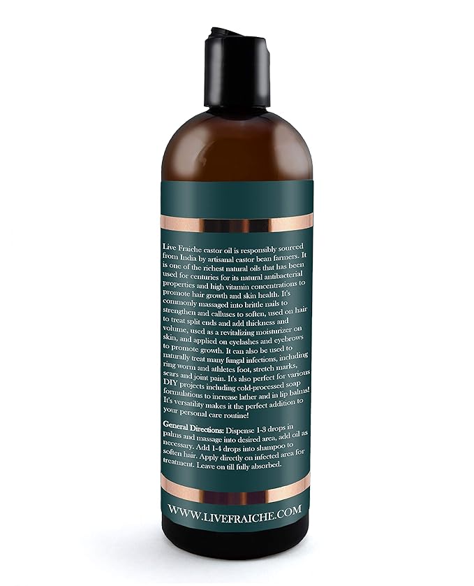 Live Fraiche Organic Castor Oil (16oz) + Filled Mascara Tube - 100% Pure Hexane Free Cold Pressed Castor Oil for Skin and Face - Hair Growth for Eyelashes and Eyebrows Scalp & Hair Treatment Oil
