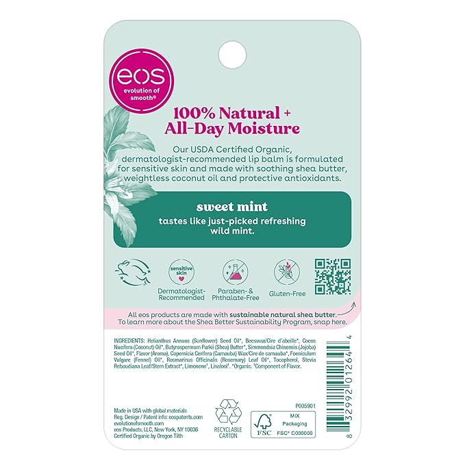 eos 100% Natural & Organic Lip Balm Sticks - Sweet Mint, All Natural Lip Balm, All-Day Moisture, Dermatologist Recommended, 0.14 oz, 2-Pack