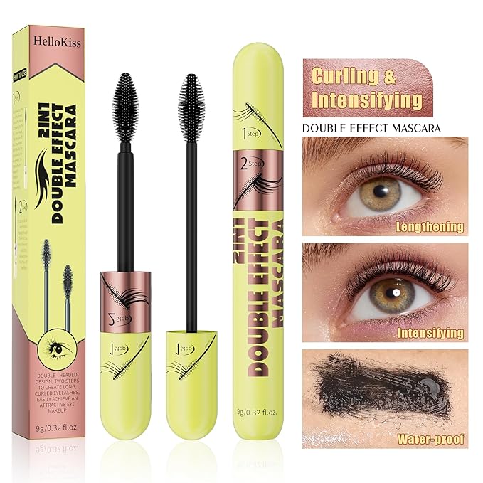 QIC 2 in 1 Mascara Black, Dual-Effect Length & Volume, Waterproof 12H Wear, Smudge-Proof 2 Step Mascara for Natural to Full Lashes, 4D Silk Fiber Lash 2 Step, No Clumping, Easy Removal